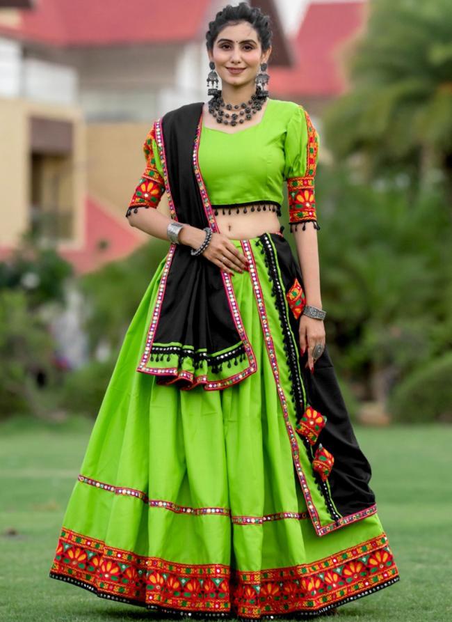 Pure Cotton Parrot Green Navratri Wear Gamthi Work Lehenga Choli